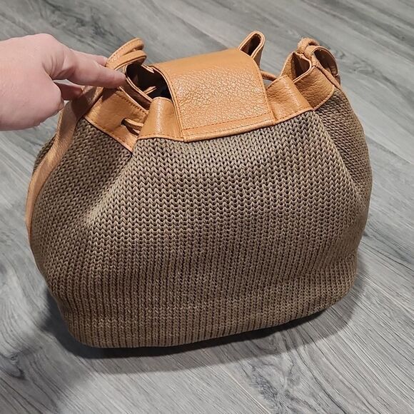 Vintage RARE Brio Taupe/Olive Knit Camel Leather Drawstring Bucket Satchel - Picture 6 of 16